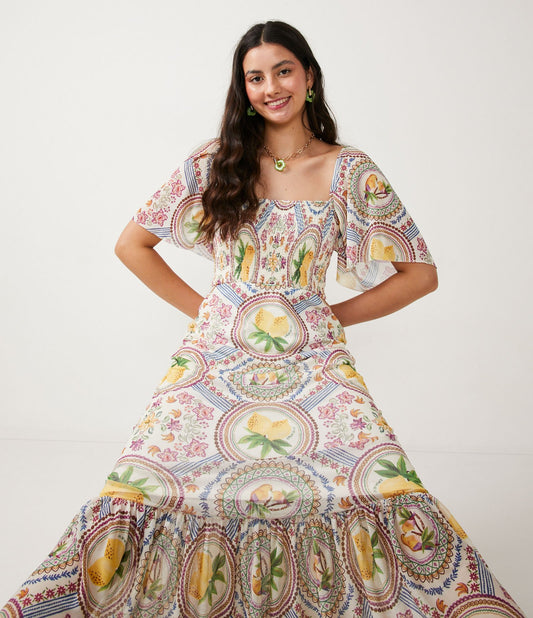 Nuovo abito midi in tulle con smock e stampa floreale lilla e lime