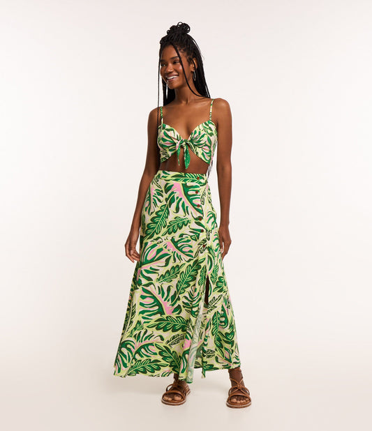 New Green Midi Skirt in Viscose with Buttons and Leaf Print (Nova saia midi verde em viscose com botões e estampa de folhas)