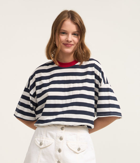 Oversized Cotton T-Shirt with Contrasting Collar and White/Navy Stripes