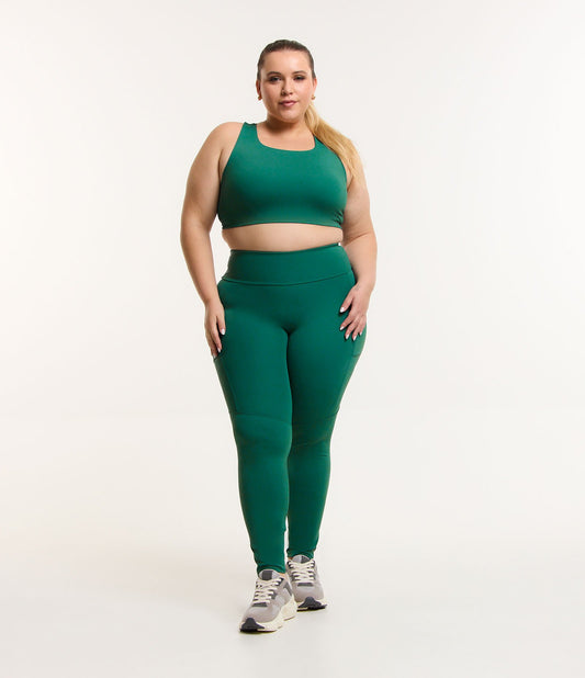 Leggings deportivos de cintura alta de poliamida verde con bolsillo lateral - Tallas grandes y curvas