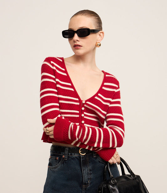 Cardigan in maglia a righe con scollo a V in rosso e bianco