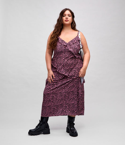 Vestito midi rosa con stampa leopardata in crepe - Curve e taglie forti