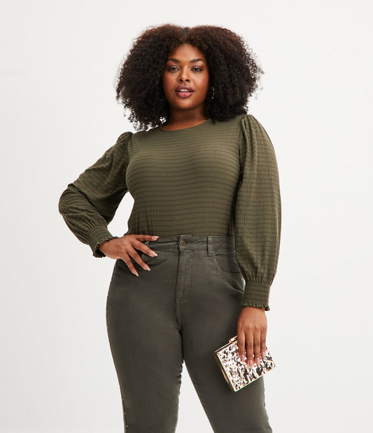 Blusa de malha texturizada com mangas longas bufantes, Curve & Plus Size, verde