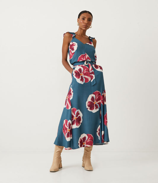 Saia midi de crepe floral com cinto e fivela azuis