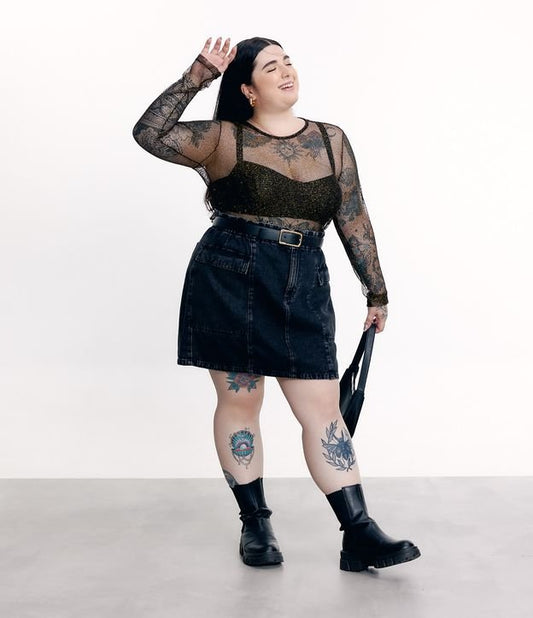 Falda corta vaquera negra desteñida con cintura elástica - Curvas y tallas grandes