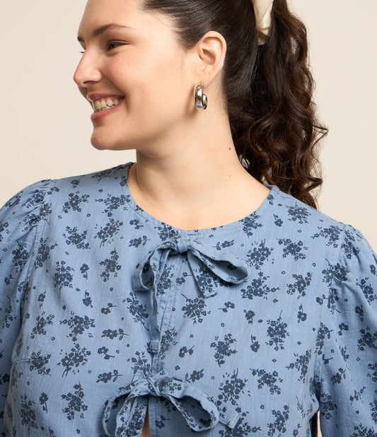 Camicetta floreale in denim con fiocchi, Curve e taglie forti, blu