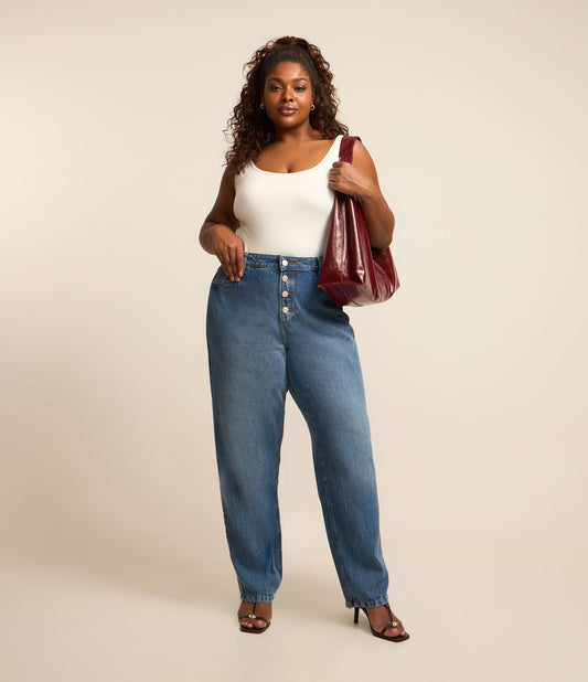 Jeans a gamba dritta con bottoni, Curve e taglie forti, blu