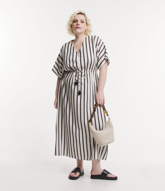Vestido midi de viscosa con estampado de rayas Curve & Plus Size Blanco roto/Gris
