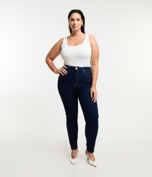 Vaqueros pitillo con cintura de tiro medio y trabillas anchas, Curvas y tallas grandes, Azul
