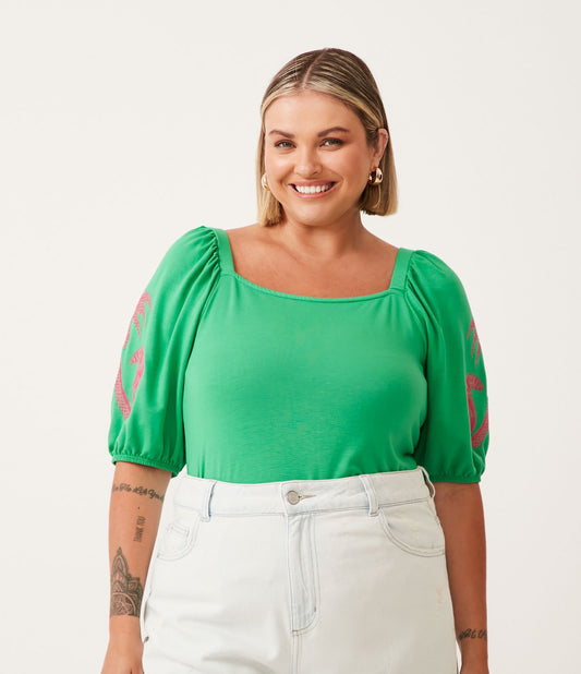 Moletom verde com palmeira bordada - Curve e Plus Size