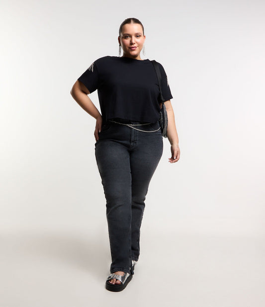 Jeans de perna reta com elástico e fenda lateral interna, Curve & Plus Size, preto