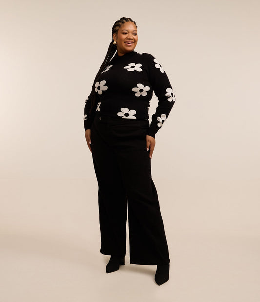 Calça de veludo cotelê de perna larga com fivelas, Curve e Plus Size, preta