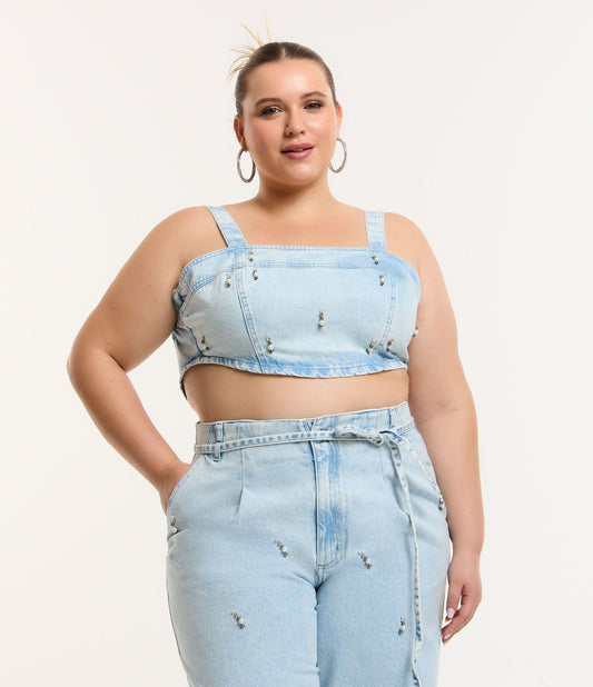 Crop Top in denim blu con decorazioni - Curve e taglie forti