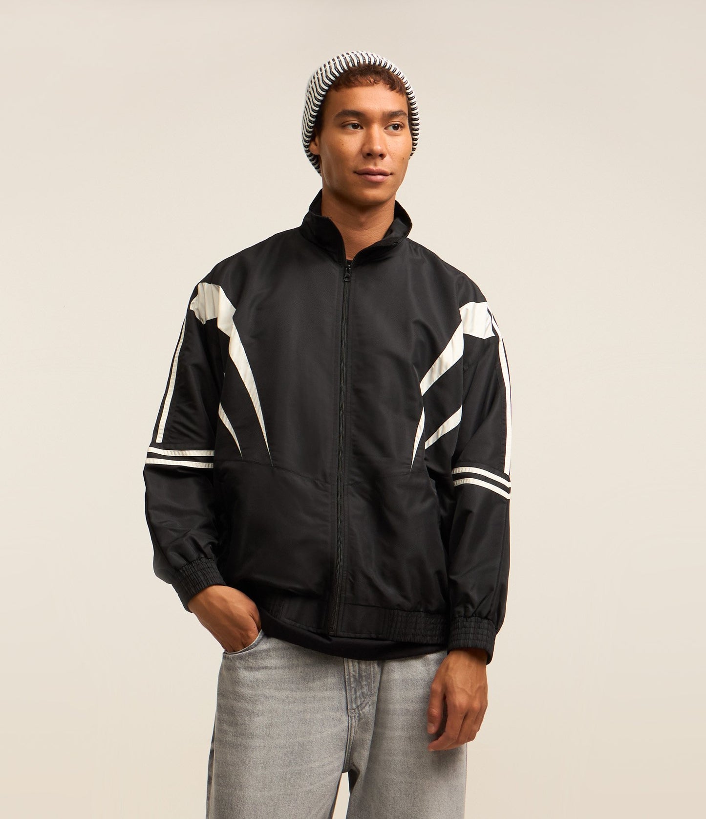 Windbreaker Jacket with High Collar and Contrasting Gray Panels