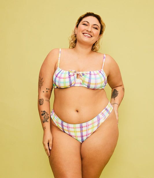 Slip bikini con arricciatura laterale e stampa a quadri, Curve e taglie forti, Multicolore