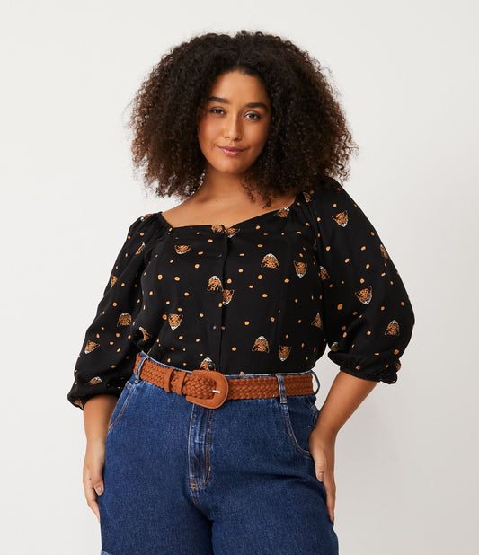 Blusa de viscose com mangas 3/4 e estampa de leopardo, Curve & Plus Size, preto