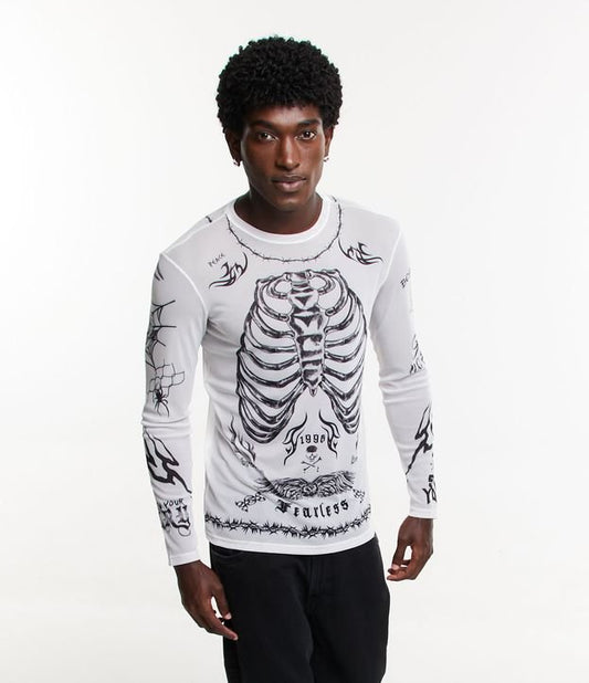Camiseta de tule de ajuste regular com estampa de esqueleto e letras em off-white