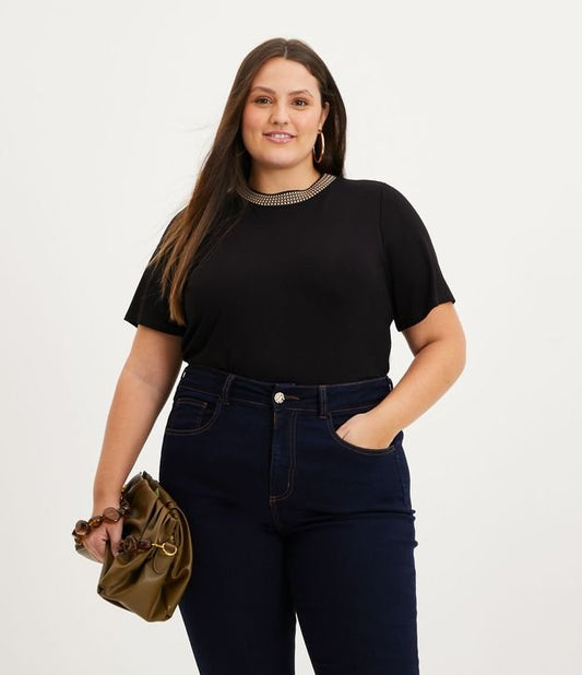 Blusa longa de malha crepe com gola de malha, Curve & Plus Size, preta