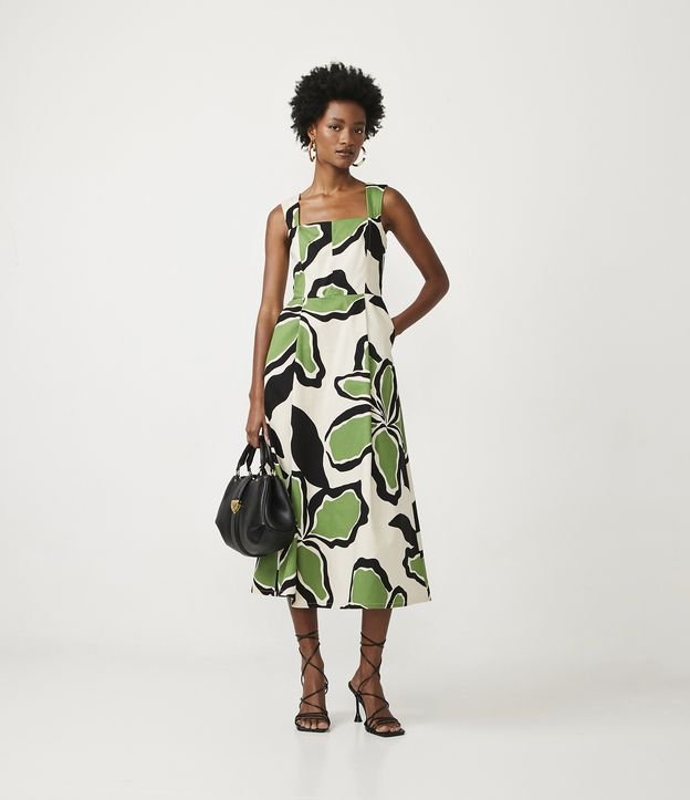 Novo vestido midi de algodão com estampa floral e recorte off-white