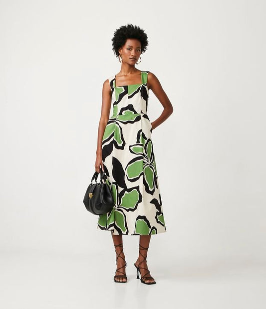 Nuevo Vestido Midi de Algodón con Estampado Floral y Diseño Recortado Off-White