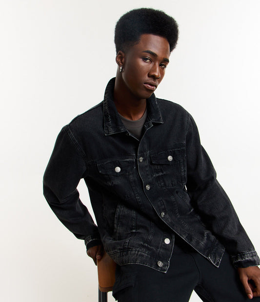 Regular Fit Faded Black Denim Jacket with Buttons and Chest Pockets