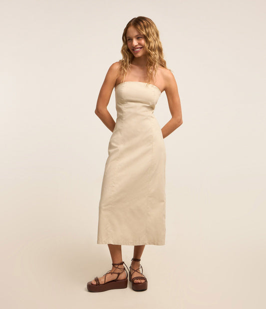Vestito lungo beige senza spalline in tessuto Twill