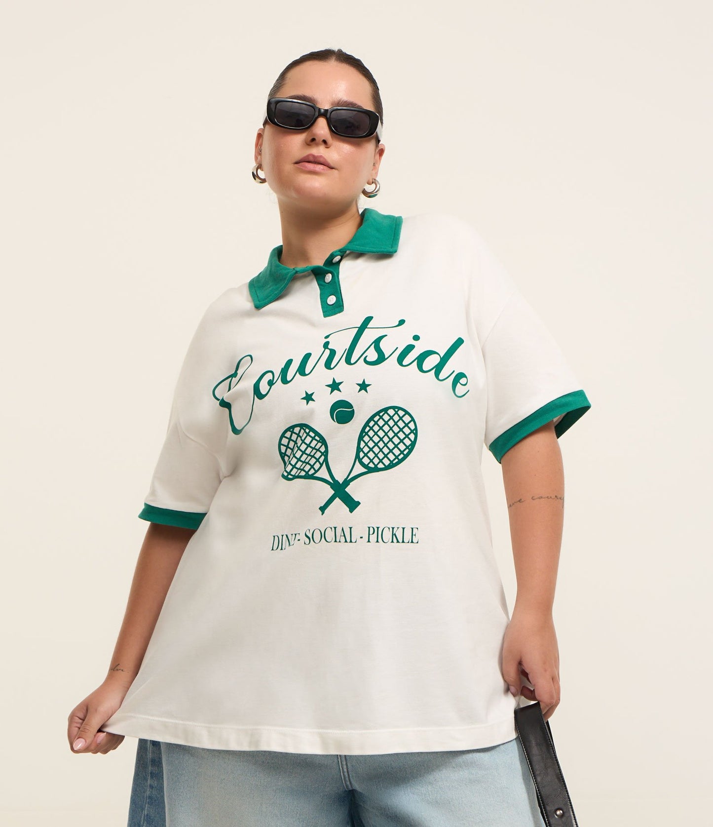 Polo Courtside Curve & Plus Size Stampata Piquet - Bianco/Verde