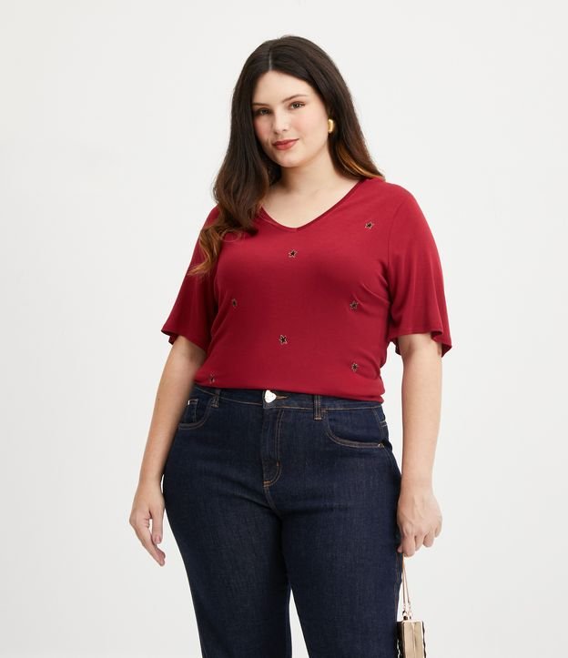 Camicetta in maglia strutturata con ricamo a stella, Curve e taglie forti, rosso