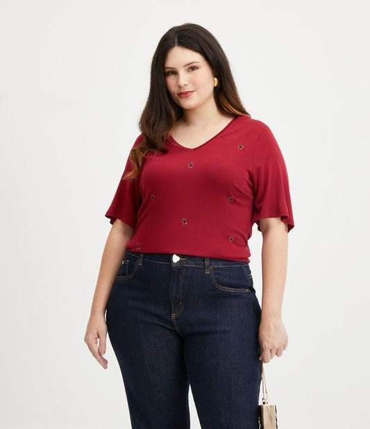Camicetta in maglia strutturata con ricamo a stella, Curve e taglie forti, rosso