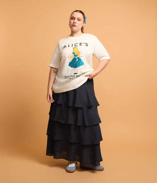 Gonna midi in crêpe a pois blu navy con volant - Curve e taglie forti