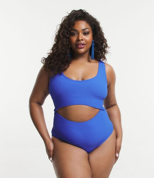 Traje de baño de microfibra texturizada con recortes, Curvas y tallas grandes, Azul