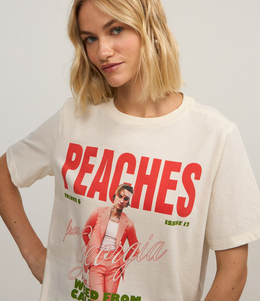 Camiseta Branca de Algodão com Estampa Justin Bieber Peaches