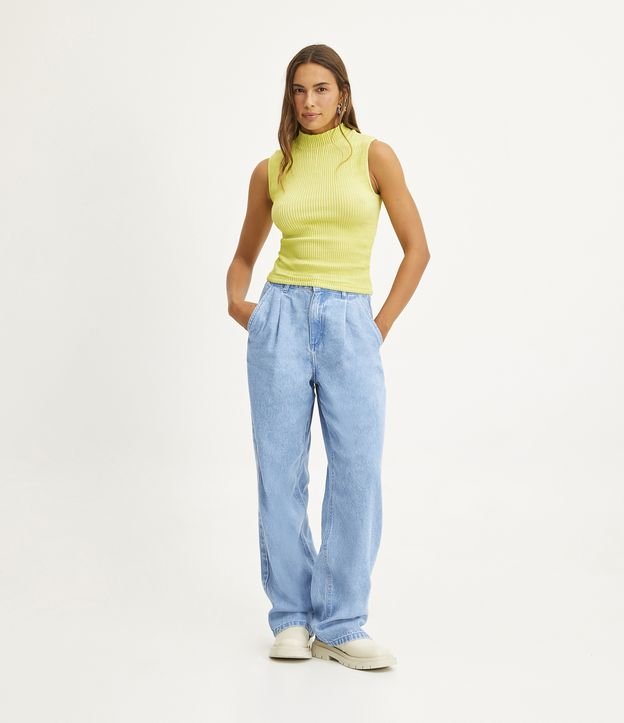 Calça de brim azul plissada de cintura alta estilo anos 90