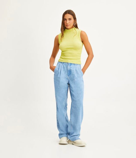Calça de brim azul plissada de cintura alta estilo anos 90