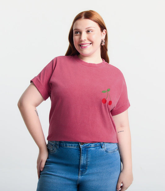 Camicetta in cotone con ricamo di ciliegie, taglie forti e taglie forti, rosa antico