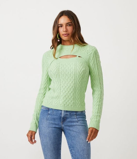Suéter de tricô verde com mangas longas e detalhe de recorte no busto