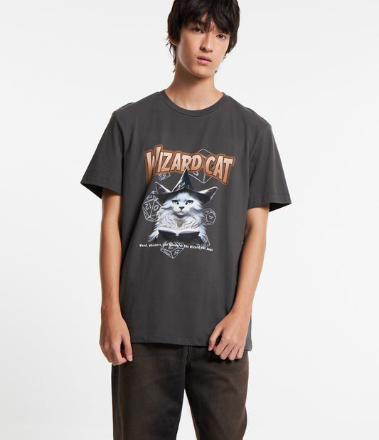Maglietta Comfort in maglia grigia con stampa del gatto stregone