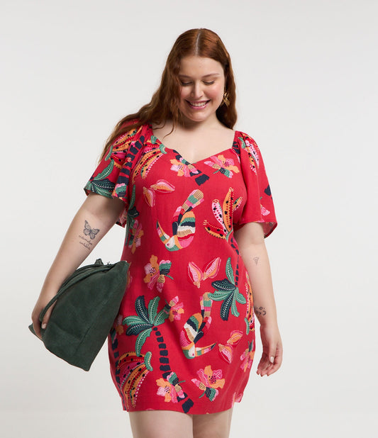 Vestido curto vermelho de viscolinho com estampa de bananas e palmeiras - Curve e Plus Size