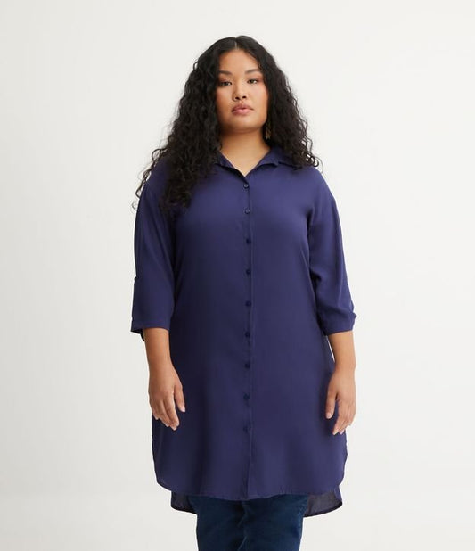 Abito camicia in viscosa con bottoni e maniche a 3/4, taglie forti e taglie forti, blu