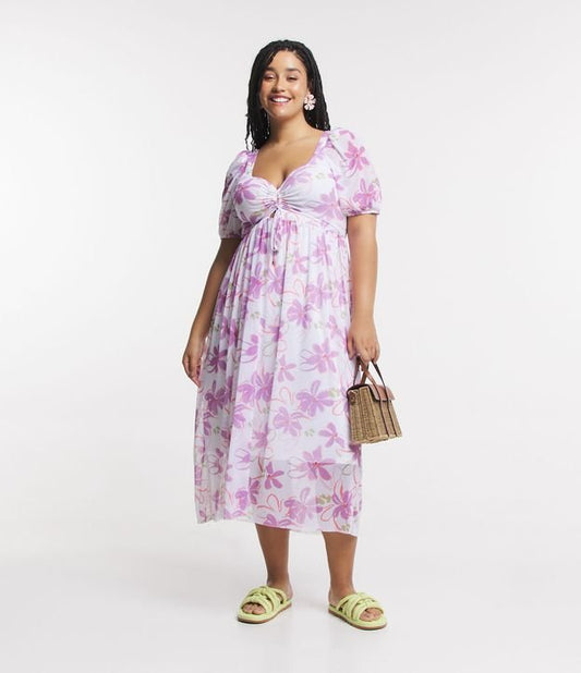 Vestito midi in tulle con maniche a sbuffo e stampa floreale, taglie forti e taglie forti, bianco/rosa