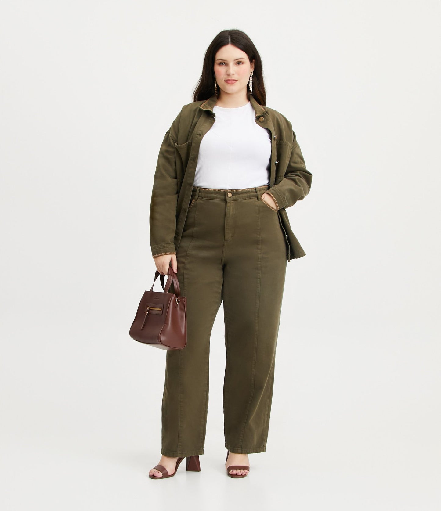 Pantaloni in twill a gamba dritta con ritagli e ricami, taglie forti e taglie forti, verde