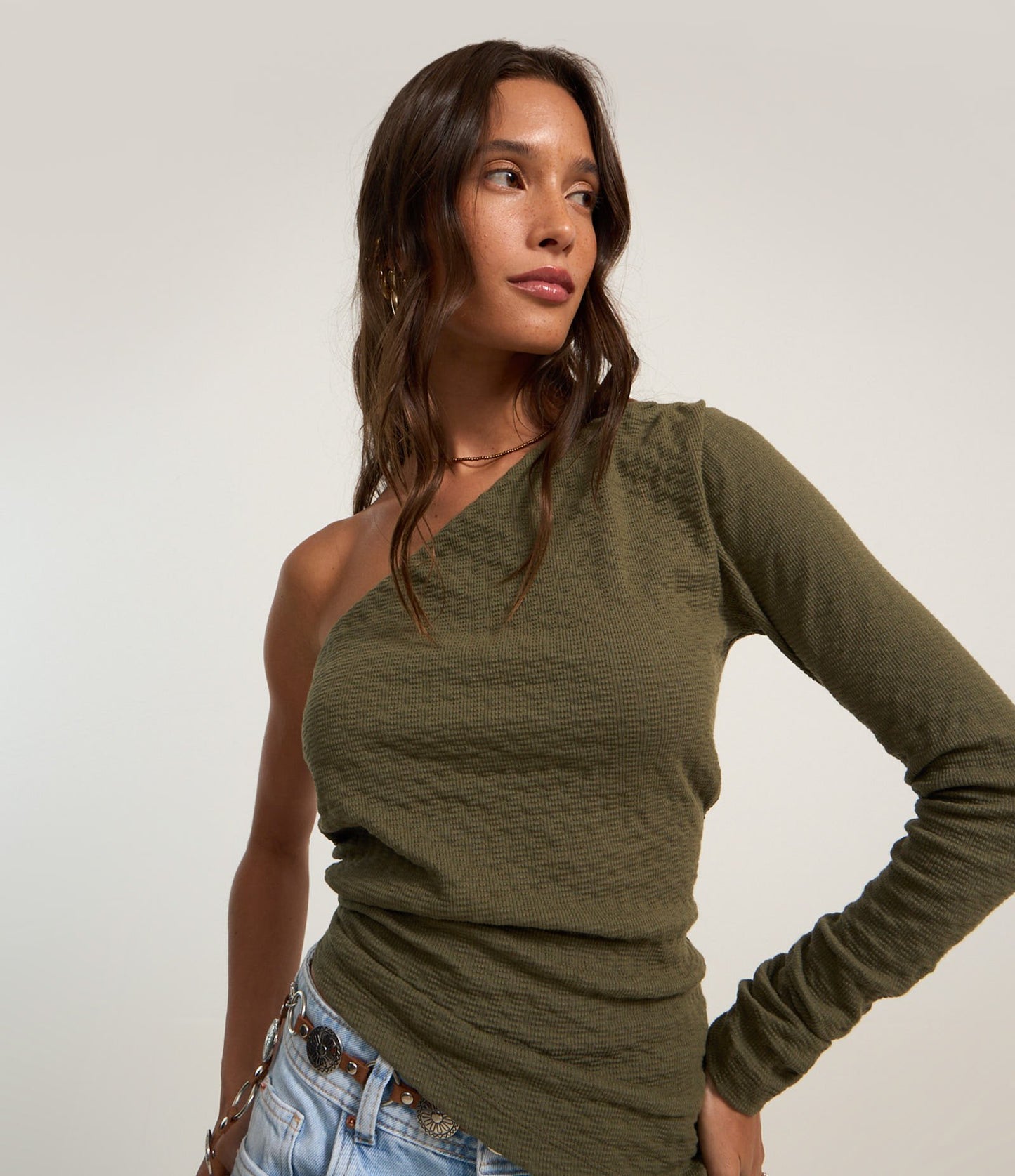 Textured One-Shoulder Top with Ruched Shoulder in Green