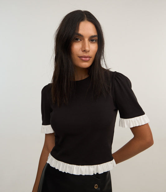Black Ribbed Blouse with Ruffled Hem and Sleeves