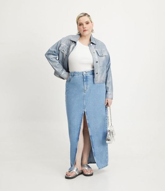 Saia jeans longa com fenda frontal, Curve & Plus Size, azul