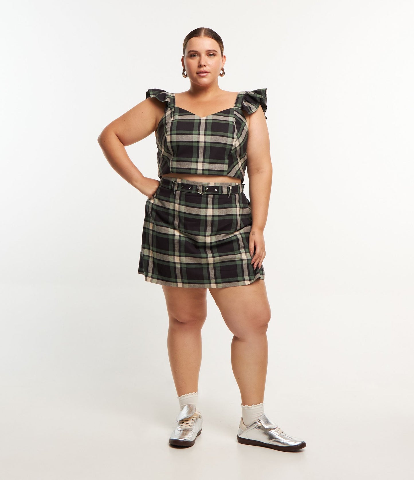 Short Plaid Flannel Skirt with Belt, Curve & Plus Size, Black/Green/White