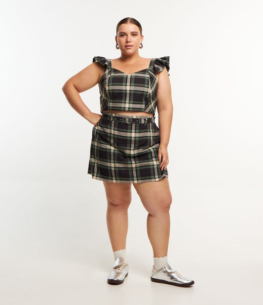 Saia curta de flanela xadrez com cinto, Curve & Plus Size, preto/verde/branco