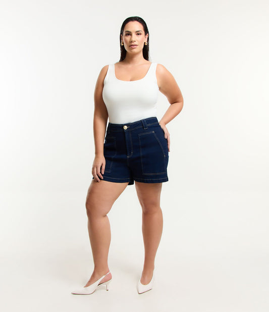 Pantalones cortos de tela vaquera elástica con costuras de contraste, Curvas y tallas grandes, Azul
