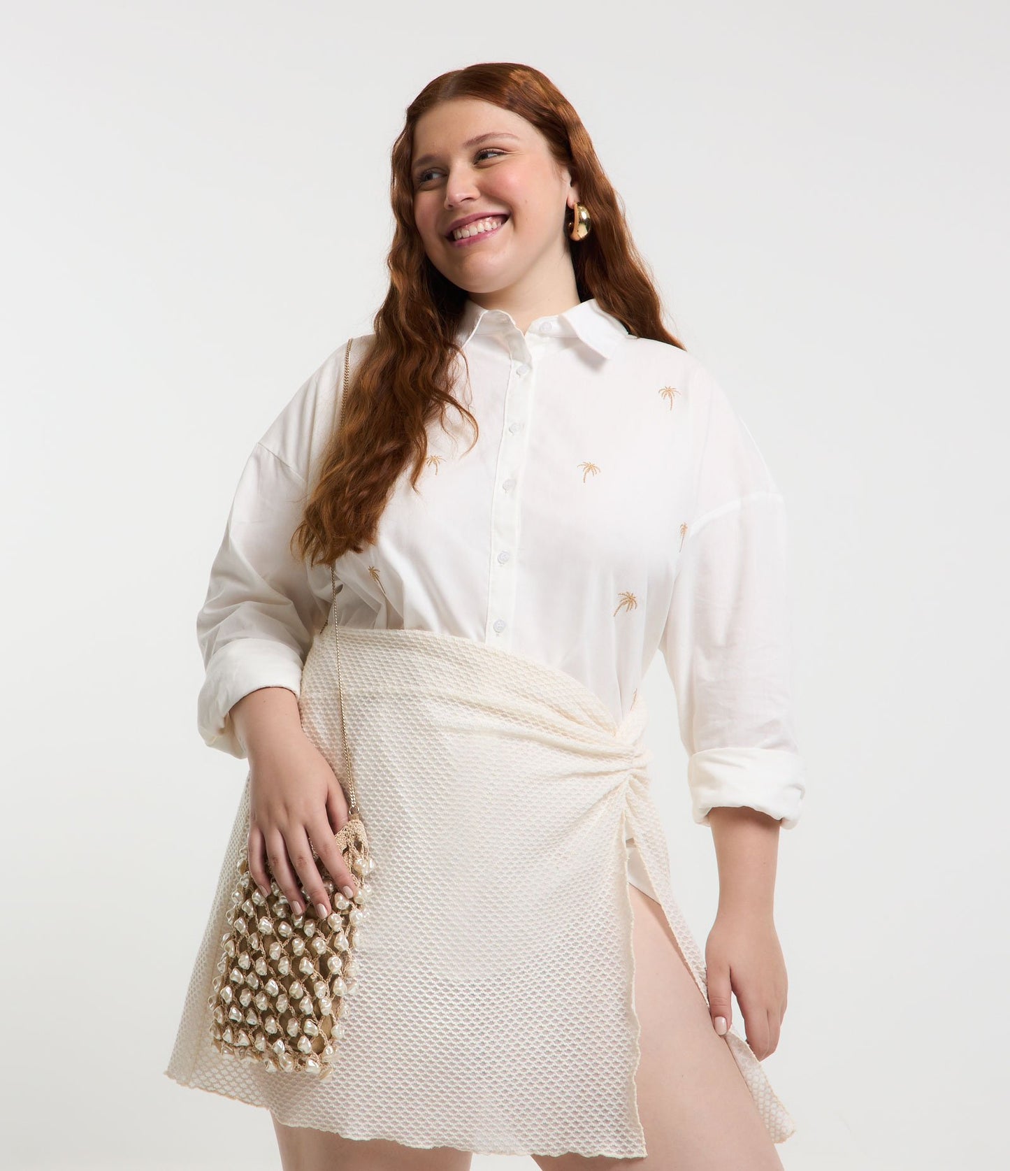 Camicia Tricoline con ricamo metallico, Curve e taglie forti, bianco sporco