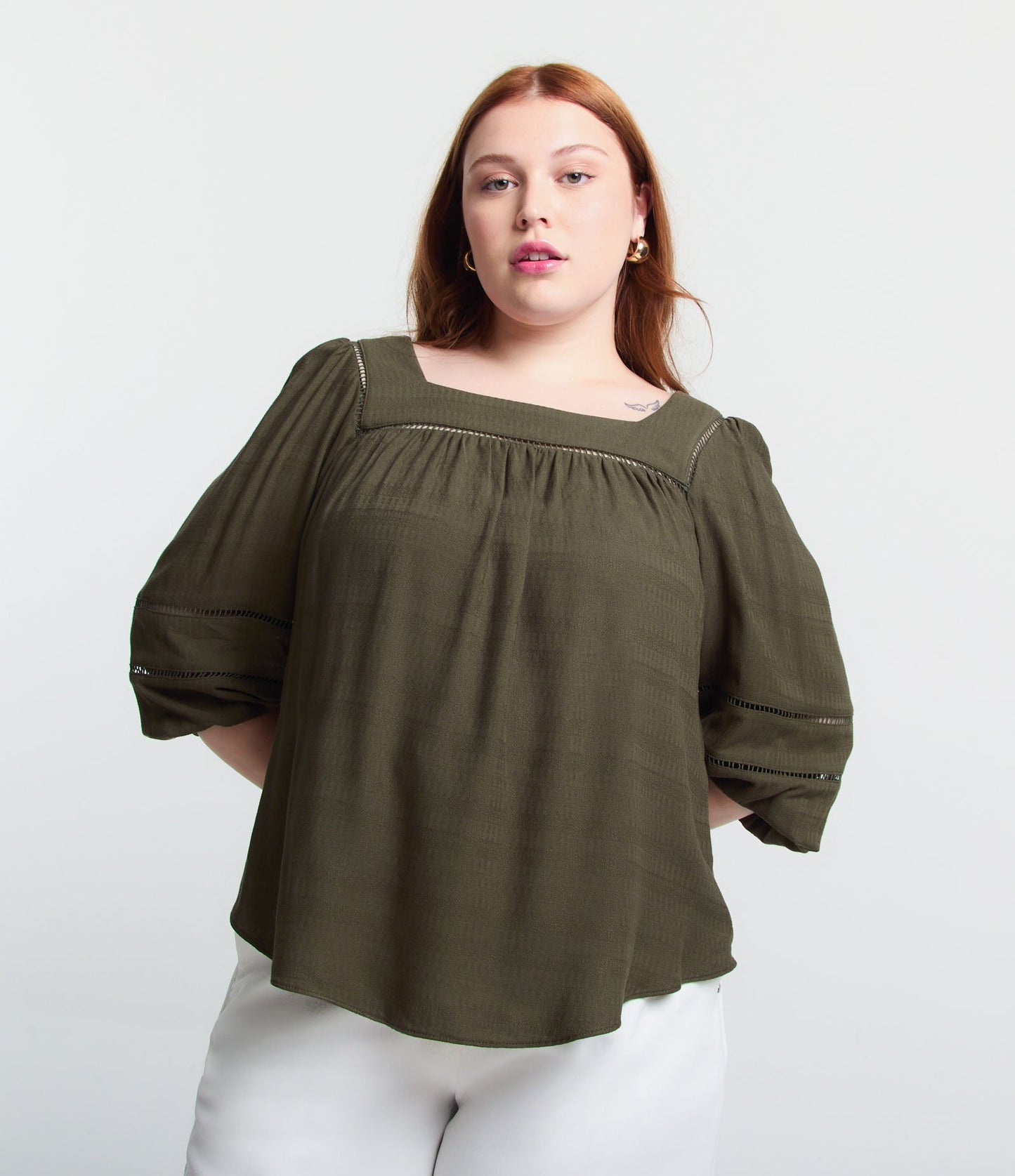 Blusa de manga 3/4 em viscose com inserções, Curve & Plus Size, verde