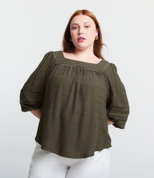 Blusa de manga 3/4 en viscosa con inserciones, Curvas y Tallas Grandes, Verde